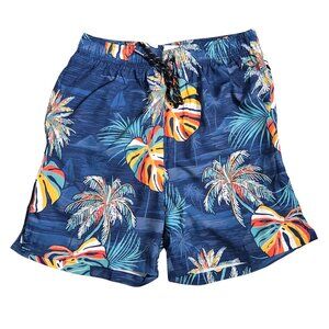 NWOT | Tropical Navy Palm & Monstera Print Swim Shorts | Zipper Pockets | S